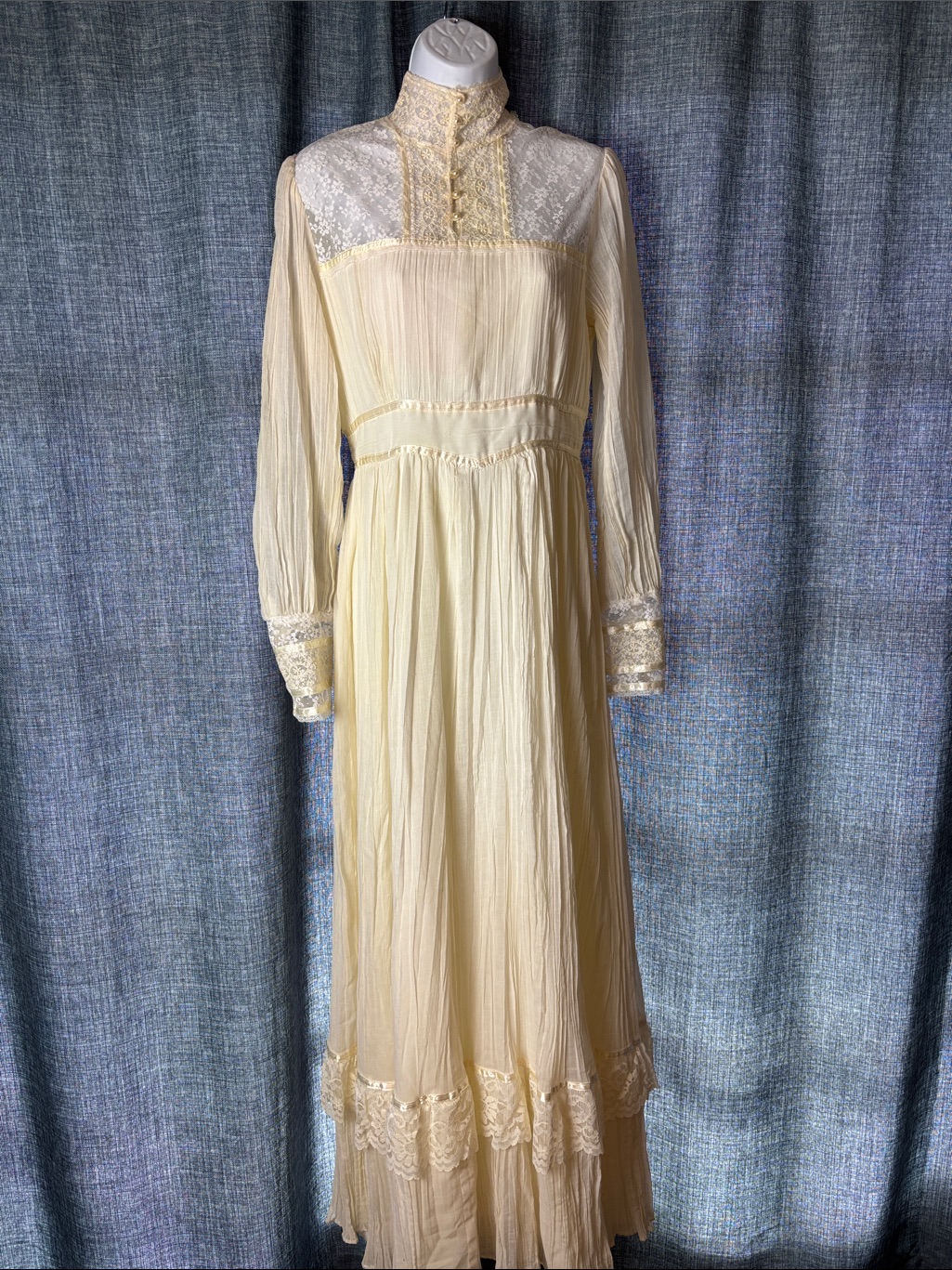 Vintage Gunne Sax Edwardian Wedding Prom Dress High-Neck Lace Cream White - 11